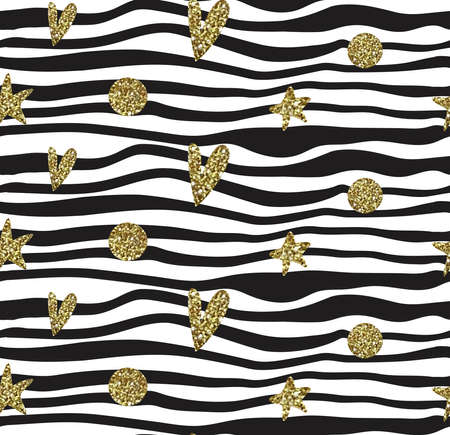 Vector seamless pattern with fireworks, confetti, stars, hearts with gold glitter texture. Holiday backgroundのイラスト素材