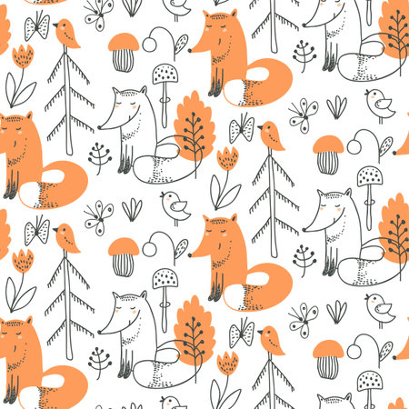 Vector seamless pattern with cute hand drawn fox in the forest. Endless background. Illustration for cards, invitations, baby shower, preschool and children room decorationのイラスト素材