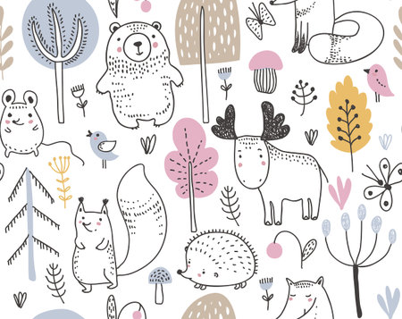 Vector seamless pattern with hand drawn wild forest animals, trees, flowers, mushrooms on the white background. Illustration for cards, invitations, baby shower, preschool and children room decorationのイラスト素材