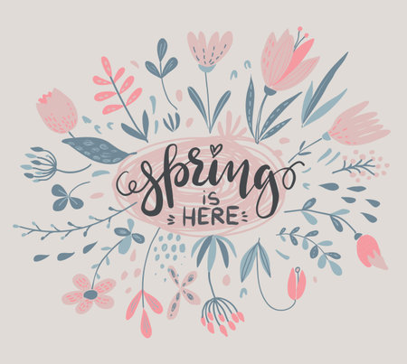 Vector composition with spring flowers, leaves, branches. Beautiful floral background