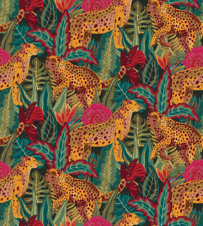Vestor seamless pattern with jaguars, tropical leaves and flowers.のイラスト素材