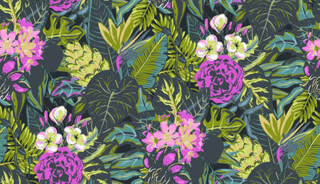 pattern with tropical palm leaves, jungle plants, exotic flowers.のイラスト素材