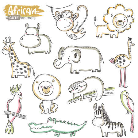 Vector set of cartoon African animals. Colorful jungle hand drawn lion, crocodile, hippo, giraffe, rhino, parrot, monkey, sloth, febra isolated on white backgroundのイラスト素材