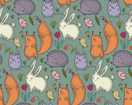 Vector seamless pattern with hand drawn wild forest animals, flowers, birds. Colorful endless background for textile, wrapping paper, cards, invitations, preschool and children room decorationのイラスト素材