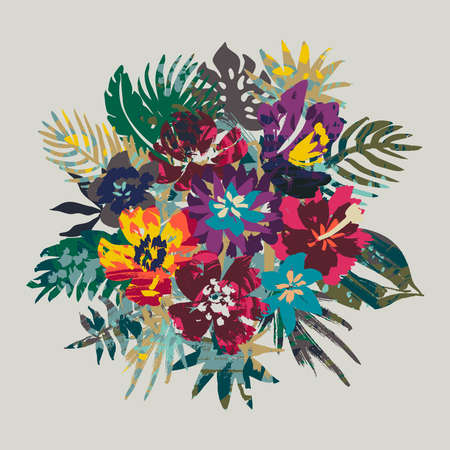 Vector composition with tropical plants and flowers and hand painted texture. Beautiful artistic abstract floral illustration. Summer bouquetのイラスト素材