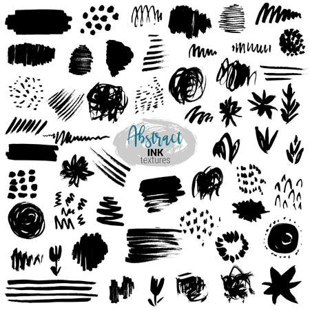 Vector set of black ink brush strokes. Hand drawn artistic dirty paint, lines, dots, grunge design elements. Isolated on white backgroundのイラスト素材