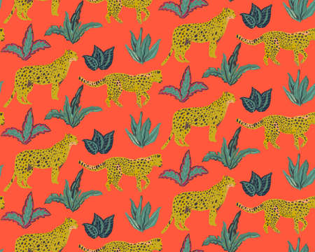 Vestor seamless pattern with jaguars, tropical leaves and plants.のイラスト素材