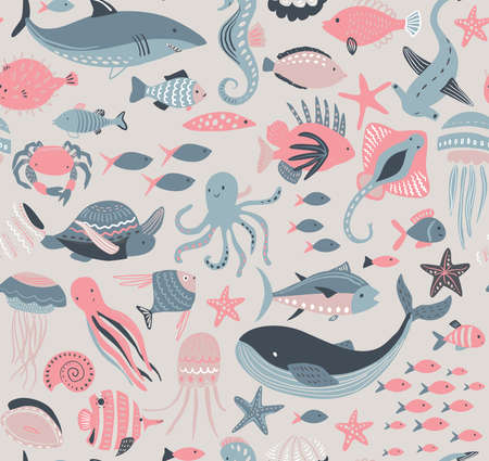 Vector seamless pattern with fish and sea animalsのイラスト素材