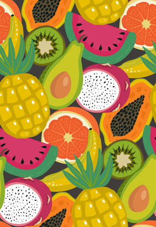 Vector seamless pattern with different tropical exotic fruits and brries in flat simple style.のイラスト素材