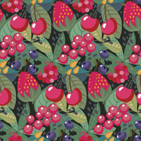 Vector seamless pattern with different brries and leaves in flat simple style.のイラスト素材