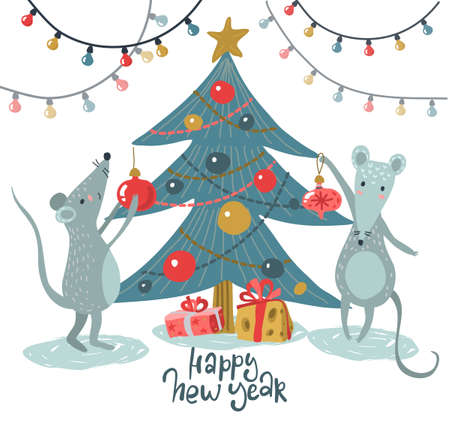 Vector greeting card with cute mice under Christmas tree.のイラスト素材