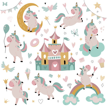 Vector collection of cute little unicorns, rainbow, stars fairy castle. Magical set for children design.のイラスト素材
