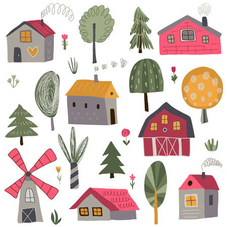 Vector collection of cute hand drawn country houses, trees. Childish set for fabric, textile, apparel, children design.のイラスト素材