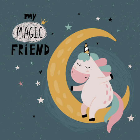 Vector greeting cards with cute unicorn on the moon, funny font. Template for children design.のイラスト素材