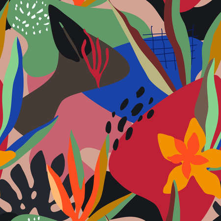 Vector colorful collage contemporary natural seamless pattern. Modern abstract shapes, hand drawn textures and plants.のイラスト素材