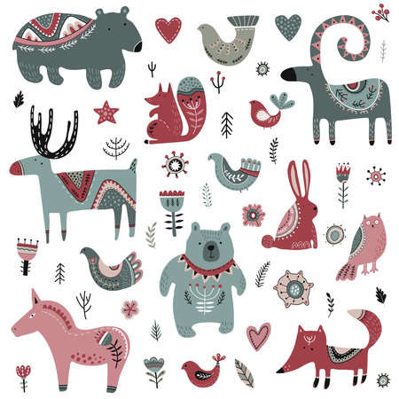 Vector collection of animals and winter elements in scandinavian style.のイラスト素材
