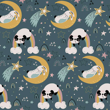Vector seamless pattern with cute animals fliyng and sleeping on moon and rainbow.のイラスト素材