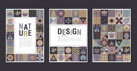Vector collection of trendy creative cards with patchwork mosaic design. Geometric square cartoon...