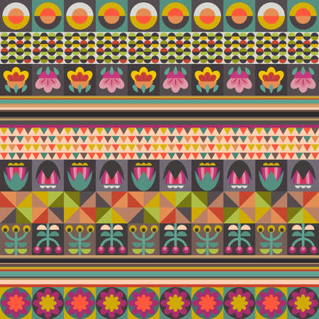 Vector seamless pattern with square patchwork mosaic design. Geometric jungle plants and trees.のイラスト素材