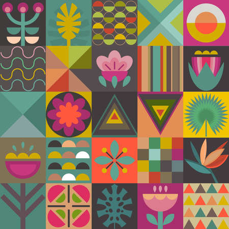 Vector seamless pattern with square patchwork mosaic design. Geometric jungle plants and trees.のイラスト素材