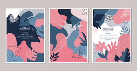 Set of vector modern artistic posters with hand drawn textures, plants, leaves and cut out paper shapes.のイラスト素材