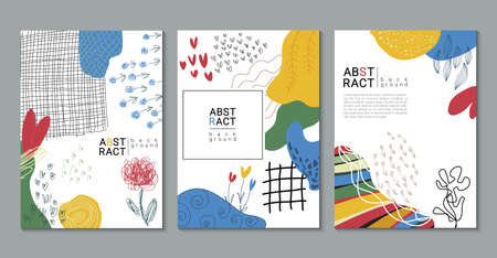 Set of vector modern artistic posters with hand drawn textures, heart shapes, flowers. Abstract collage. Templates for broshure, greeting cards, invitation.のイラスト素材