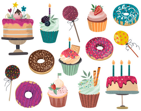 Vector collection of delicious dessert - donuts, cake, cupcakes, cake pops isolated on white...