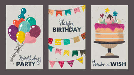 Set of beautiful colorful birthday invitation or greeting cards with balloons, cake, flag garland and hand drawn texture.のイラスト素材
