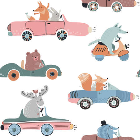 Cute vector seamless pattern with funny forest animals on carsのイラスト素材
