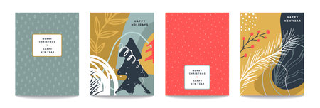 Vector collection of trendy creative Christmas cards with winter floral elements and abstract forms