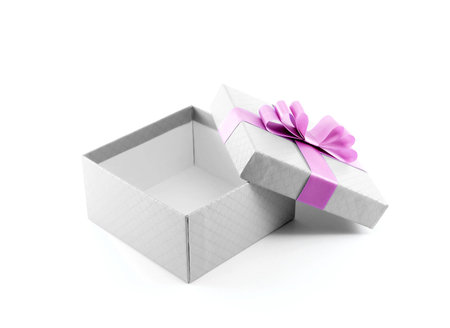 open gift box with purple ribbon on white background
