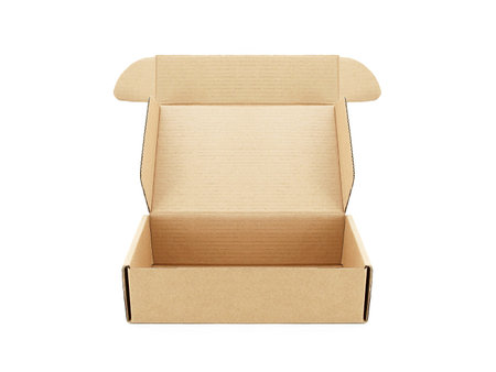 carton box open empty isolated on white background, for postal delivery