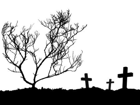 grave, silhouette of three cross icon and leafless dead tree in cemetery isolated on white background, black and white graphic illustration for halloween card decorationの写真素材