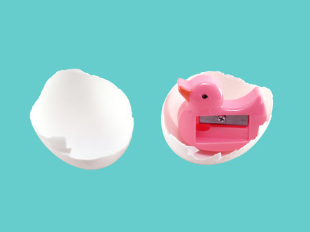 pink sharpener tool duck shaped in white eggshell isolated on blue, cute stationery look like...
