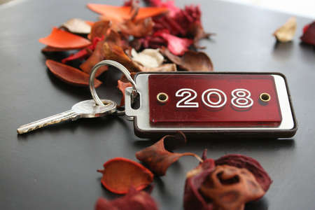 Hotel key with red key holder surrounded by red dry flowers の写真素材