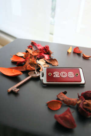 Hotel key with red key holder surrounded by red dry flowers の写真素材