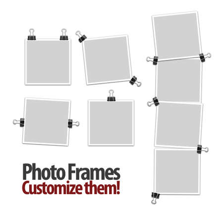 Empty photo frames with clips isolated on white backgroundの写真素材