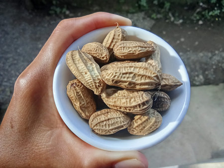 Peanuts in a saucer.
