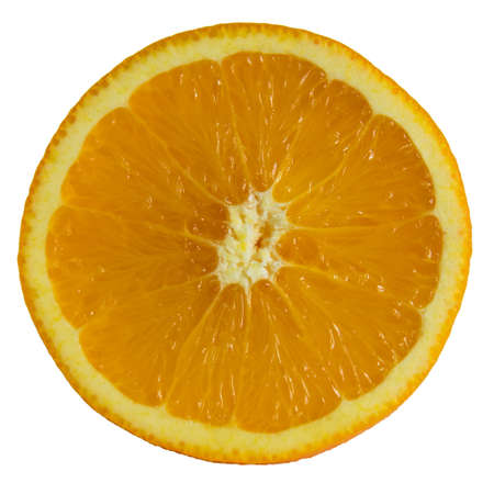 Round orange fruit slice isolated on white background. Healthy food. Citrus.の写真素材