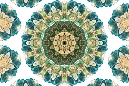 Seamless green and blue kaleidoscopic circle background pattern image.