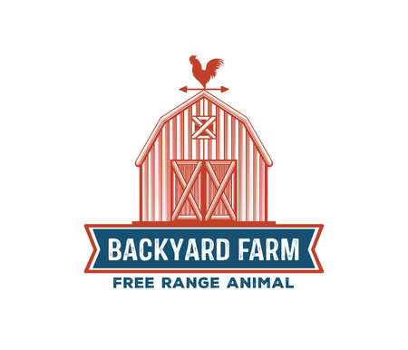 vintage retro vector label badge design set of a barn, poultry, chicken, hen, rooster, livestock, cock weather. red and blue colorのイラスト素材