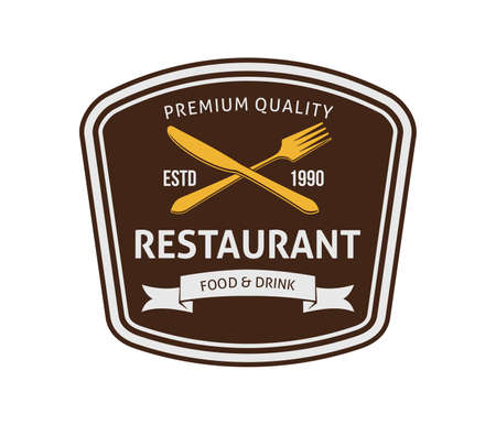 Food restaurant and cafe in brown and gold badge  vector design template.のイラスト素材