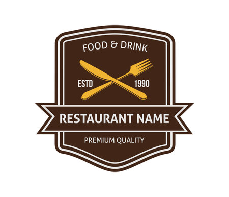 Food restaurant and cafe in brown and gold badge  vector design template.のイラスト素材