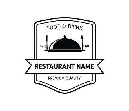 Food restaurant and cafe badge in black and white vector design template.のイラスト素材