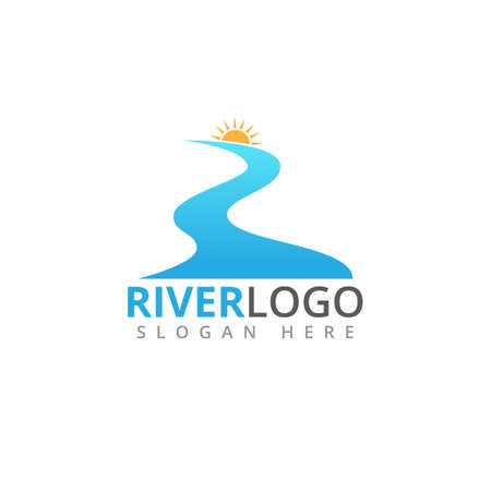 abstract river flowing shape with sun in the peak vector logo design templateのイラスト素材