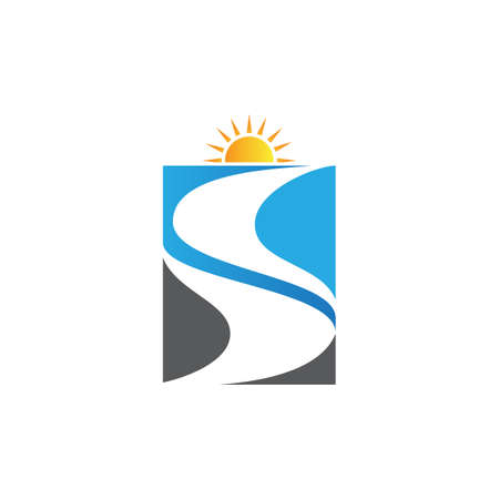 abstract river flowing shape with sun in the peak vector logo design templateのイラスト素材