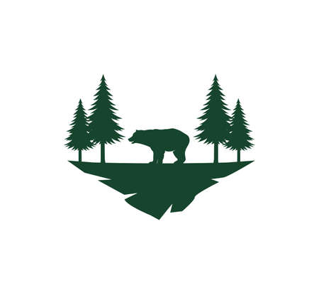 simple silhouette animal bear with pine tree on a park land vector illustration logo designのイラスト素材