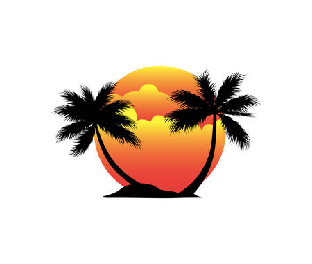 sunset beach island with coconut tree vector logo design illustration inspiration for brand tourism tour and travelのイラスト素材
