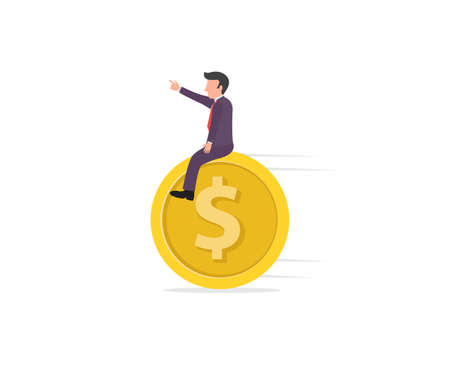 illustration of a businessman riding a coin or money symbol to the goal and pointing his finger in the airのイラスト素材