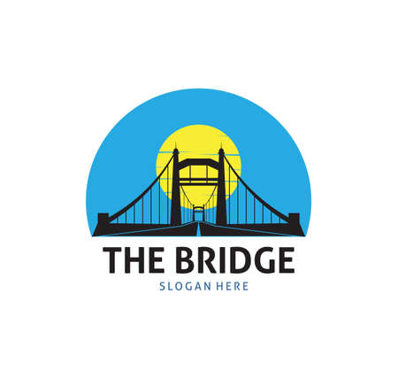 bridge with tower suspension with sun behind vector icon logo templateのイラスト素材